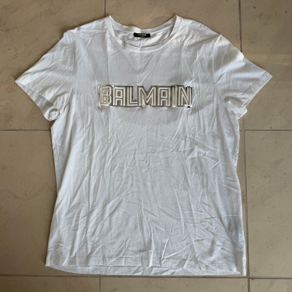 Balmain Paris White Mirror Logo T-Shirt XXL 3D Reflective Logo Designer Tee